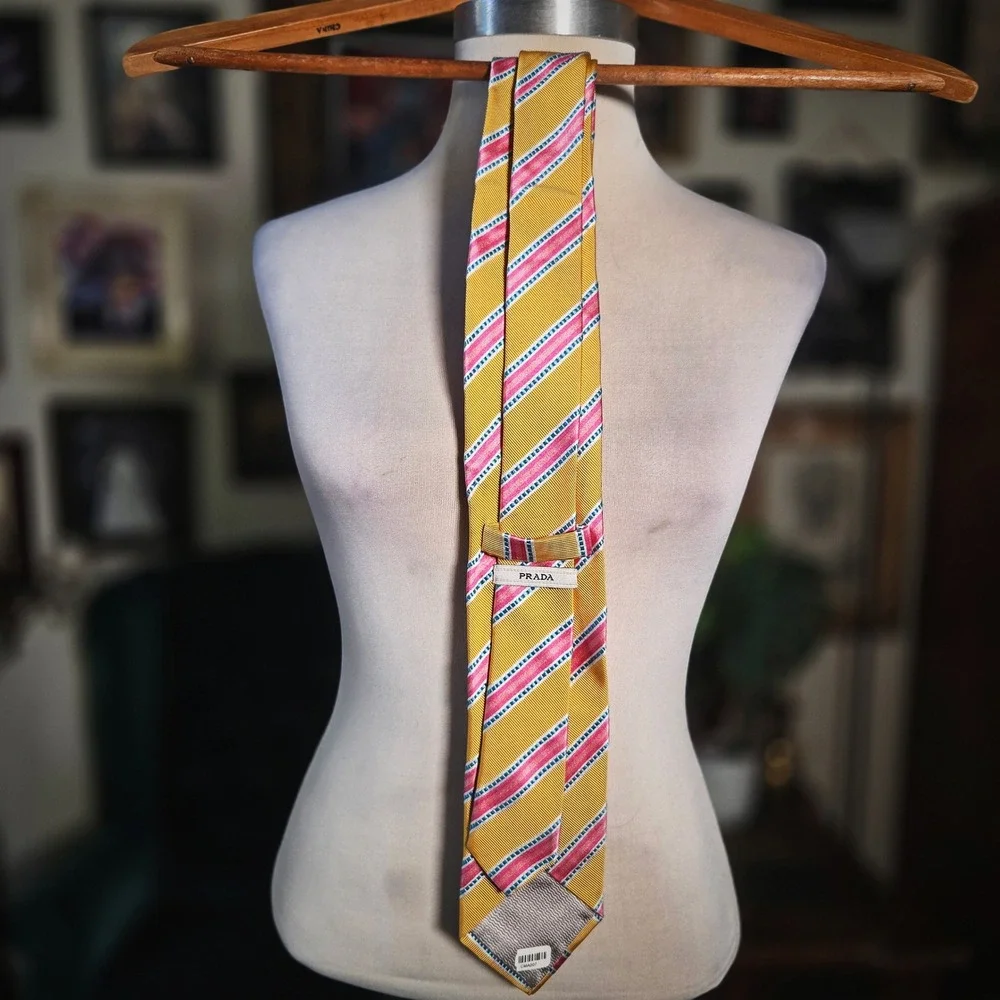 Prada Silk Tie Vintage 90s Yellow Pink Blue Stripe Italy Designer Mens Necktie